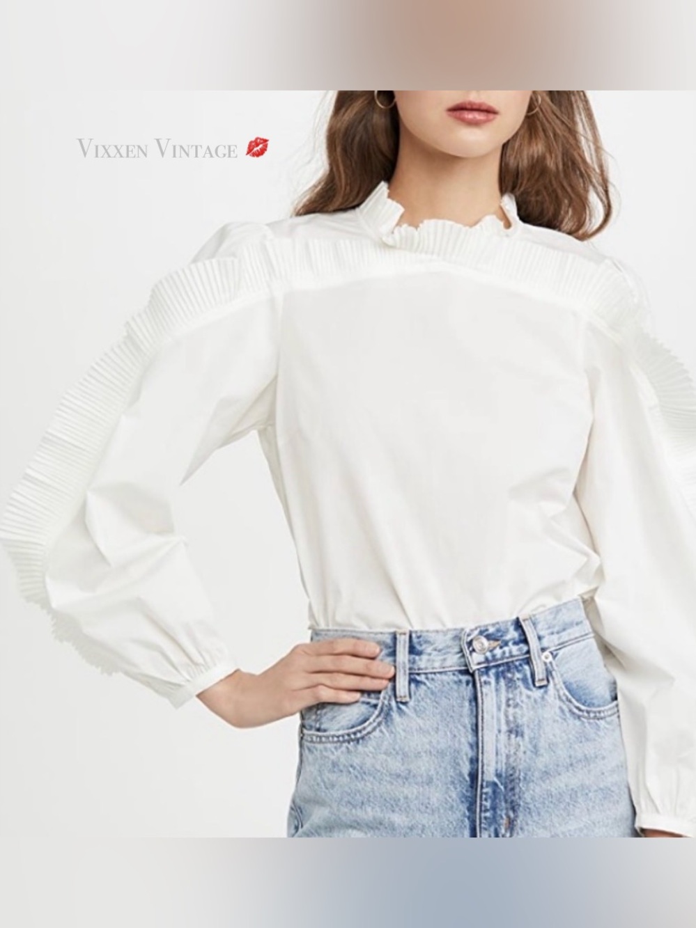 SEA NEW YORK HIGH NECK RUFFLE COLLAR 'TABITHA PLEATED BLOUSE' IN WHITE